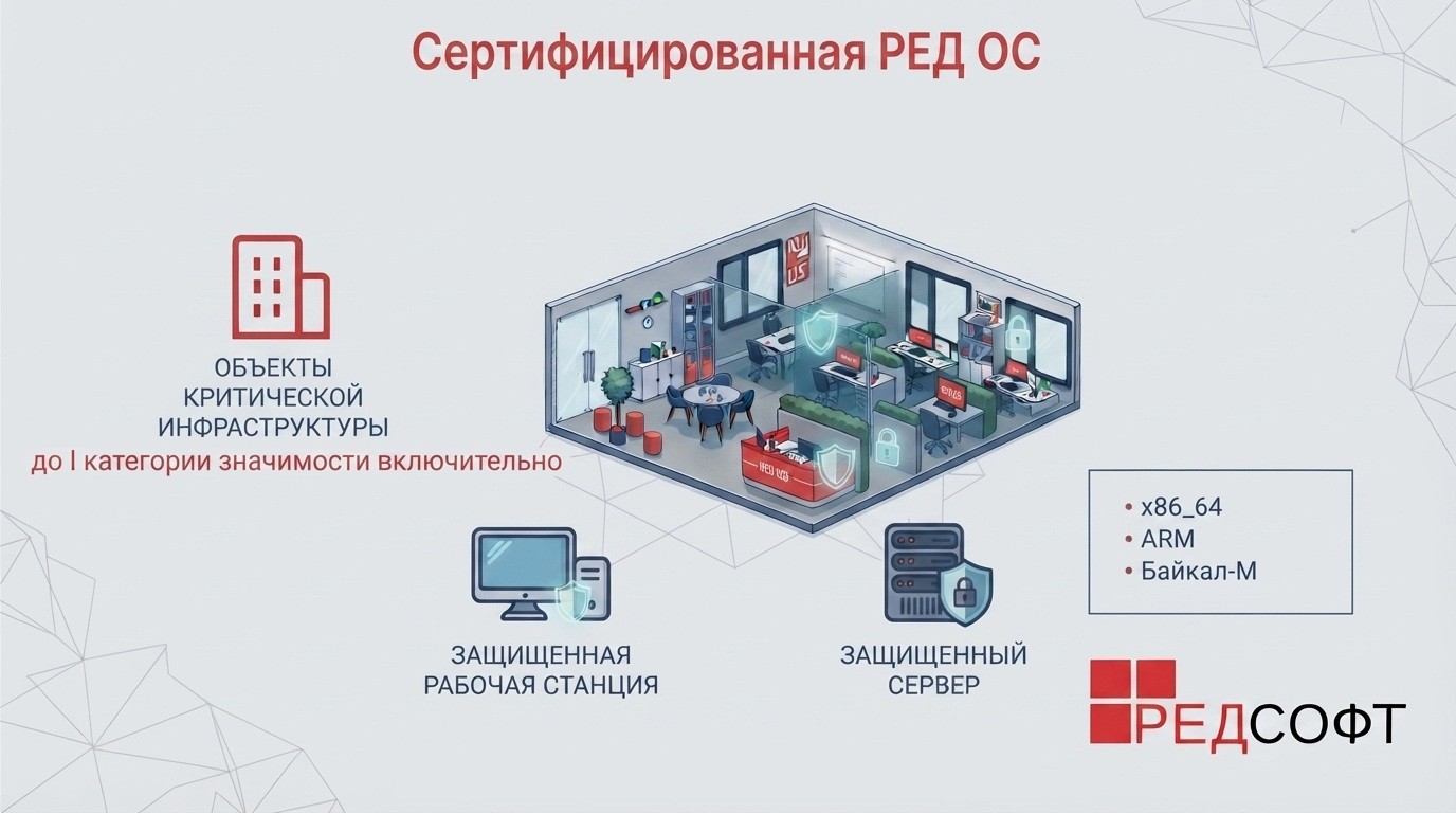 Изображение. Сертифицированная РЕД ОС: КИИ до I категории, защищённые версии, поддерживаемые платформы